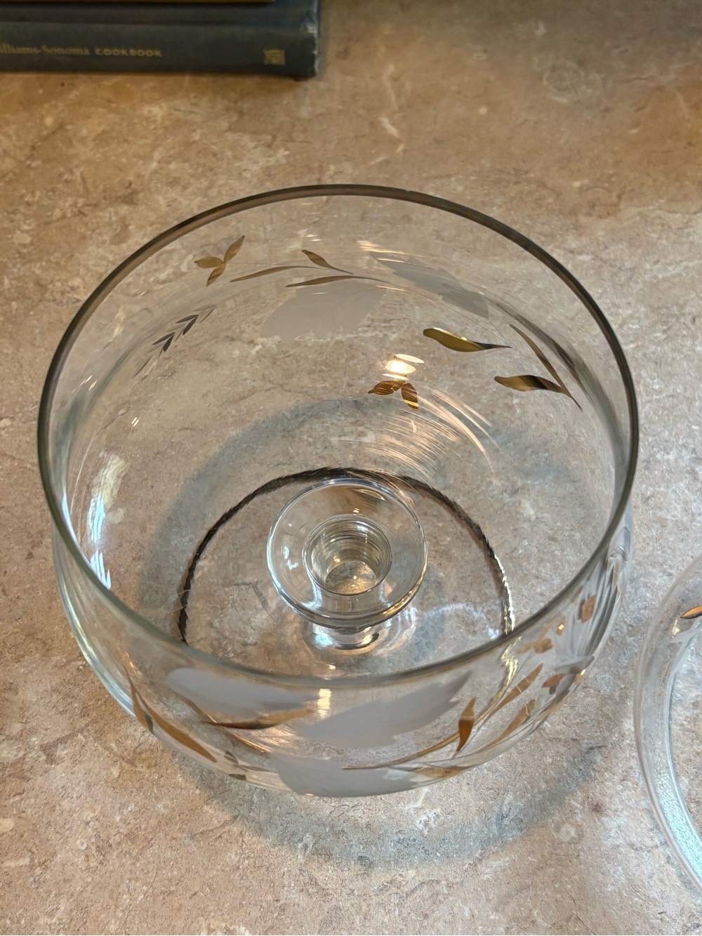 Vintagew Romanian Crystal Lidded Candy Dish Gold Frosted Leaf Pedestal Bowl - Picture 3 of 8